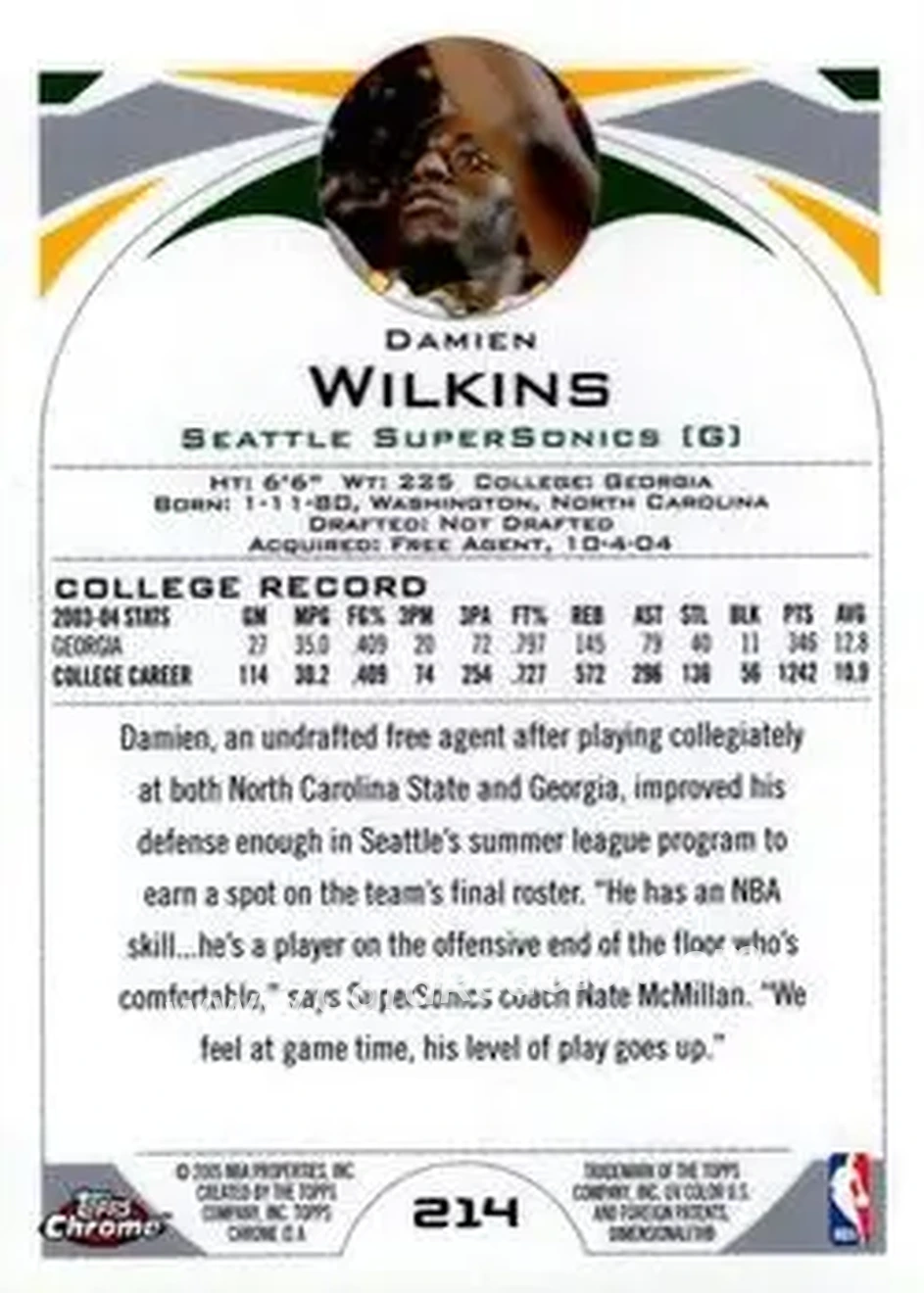 2004-05 Topps Chrome #214 - Damien Wilkins - Seattle SuperSonics - Back