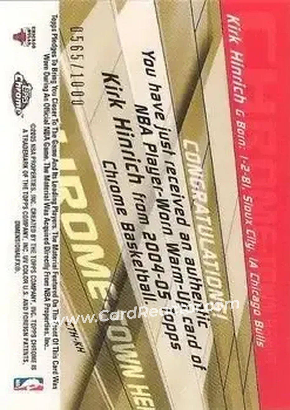 2004-05 Topps Chrome - Chrome-Town Heroes #CTH-KH - Kirk Hinrich - Chicago Bulls - Back