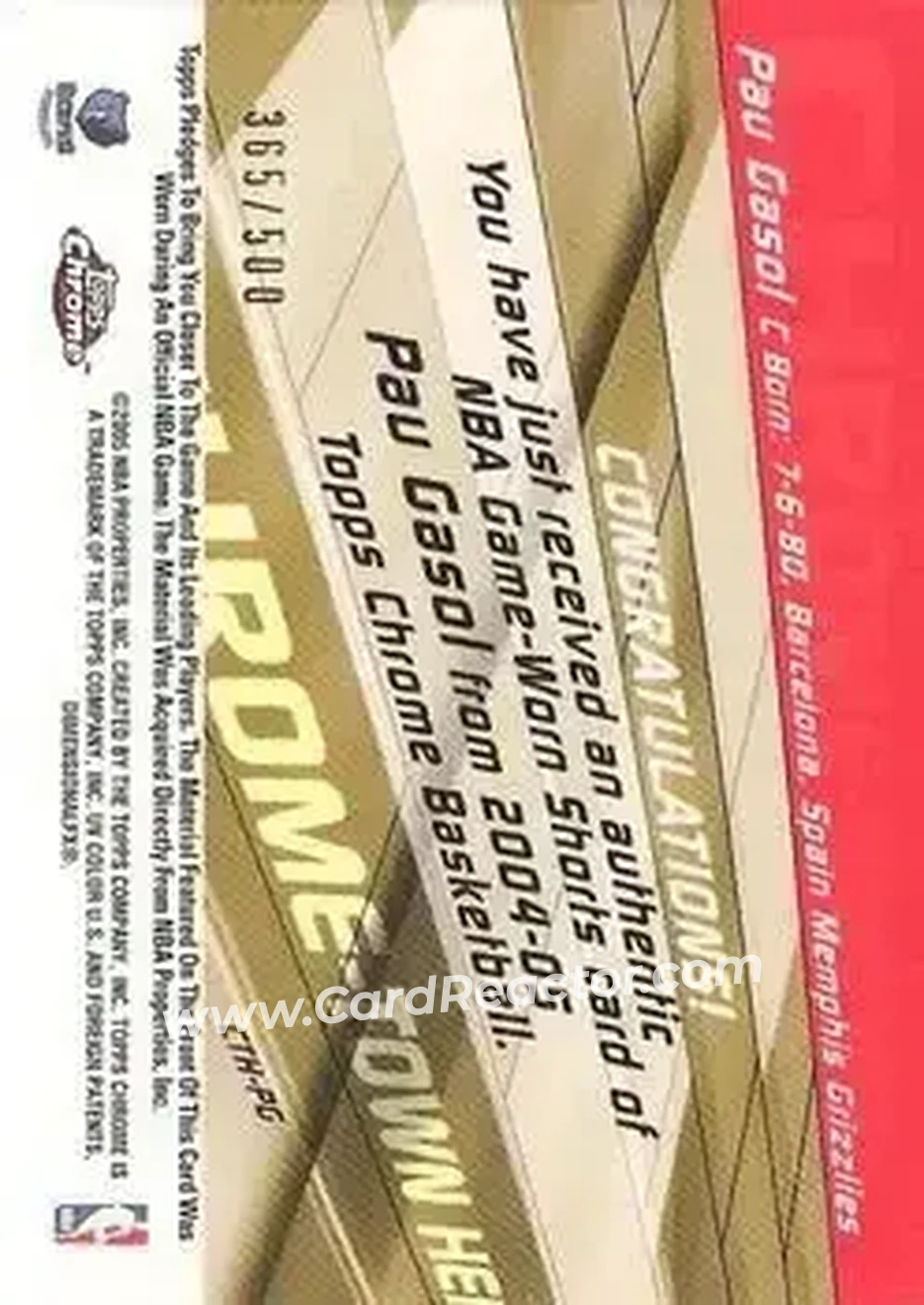 2004-05 Topps Chrome - Chrome-Town Heroes #CTH-PG - Pau Gasol - Memphis Grizzlies - Back