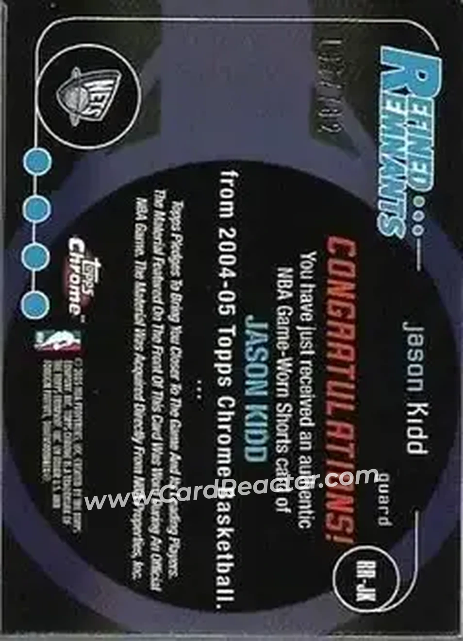 2004-05 Topps Chrome - Refined Remnants #RR-JK - Jason Kidd - New Jersey Nets - Back