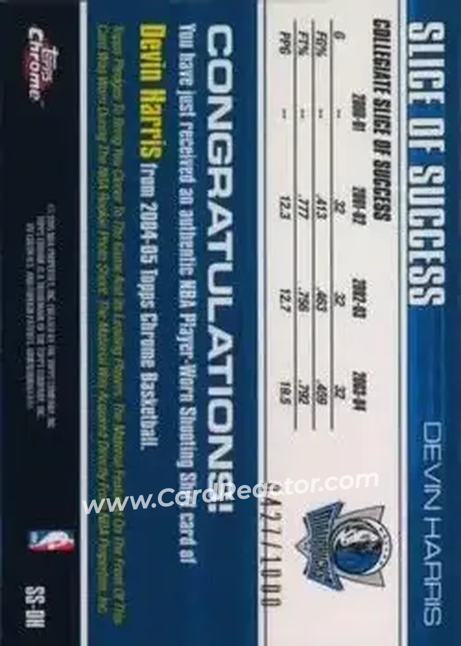 2004-05 Topps Chrome - Slice of Success #SS-DH - Devin Harris - Dallas Mavericks - Back