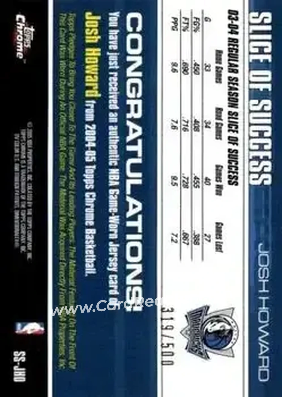 2004-05 Topps Chrome - Slice of Success #SS-JHO - Josh Howard - Dallas Mavericks - Back