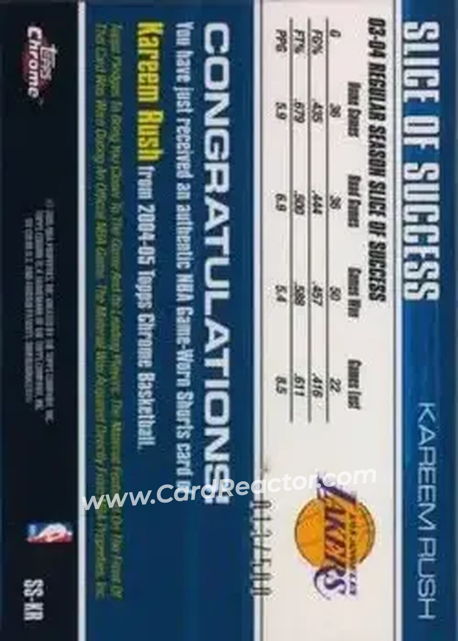 2004-05 Topps Chrome - Slice of Success #SS-KR - Kareem Rush - Los Angeles Lakers - Back
