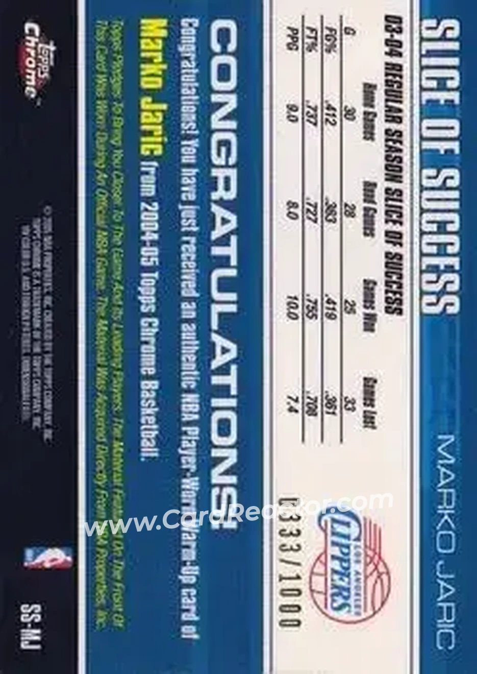 2004-05 Topps Chrome - Slice of Success #SS-MJ - Marko Jarić - Los Angeles Clippers - Back