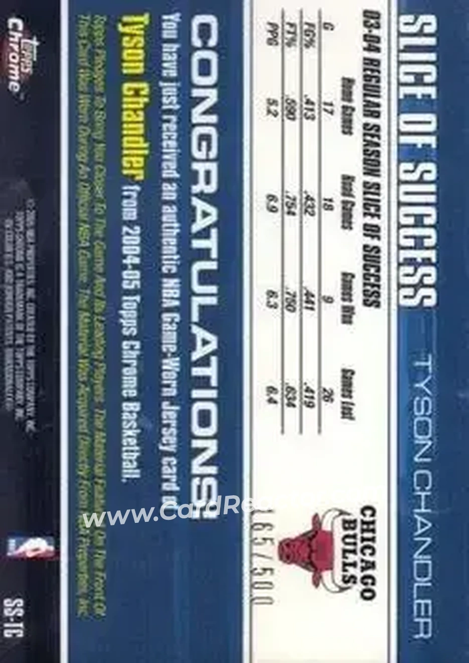 2004-05 Topps Chrome - Slice of Success #SS-TC - Tyson Chandler - Chicago Bulls - Back