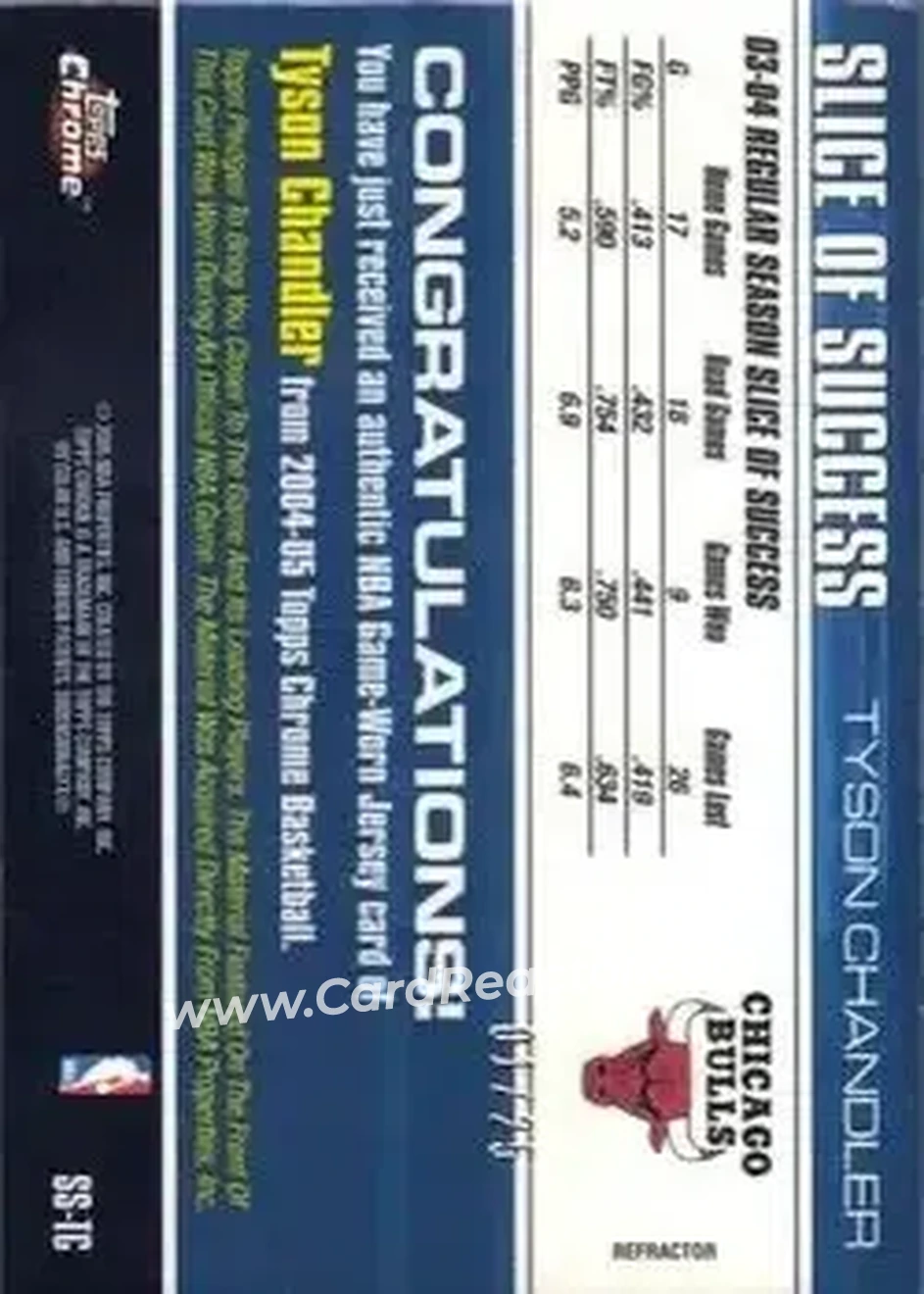 2004-05 Topps Chrome - Slice of Success Refractors #SS-TC - Tyson Chandler - Chicago Bulls - Back