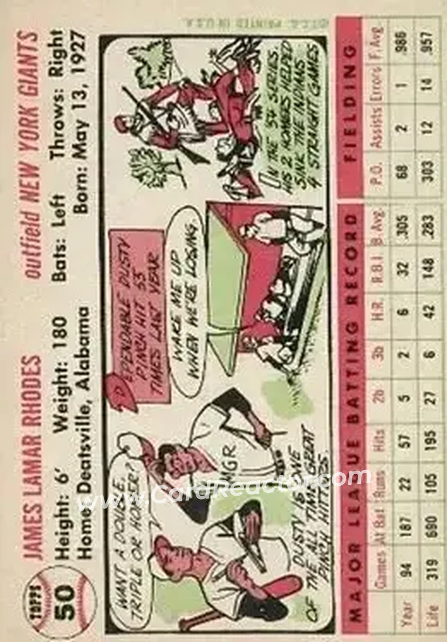 1956 Topps #50 - Dusty Rhodes - New York Giants - Back