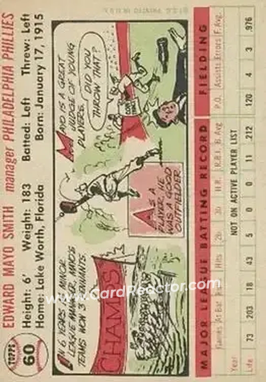 1956 Topps #60 - Mayo Smith - Philadelphia Phillies - Back