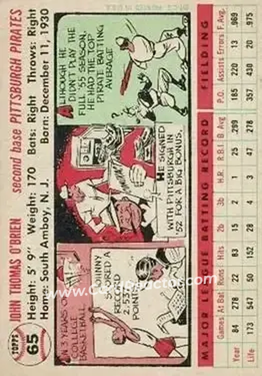 1956 Topps #65 - Johnny O'Brien - Pittsburgh Pirates - Back 1956 Topps #65 - Johnny O'Brien - Pittsburgh Pirates - Back