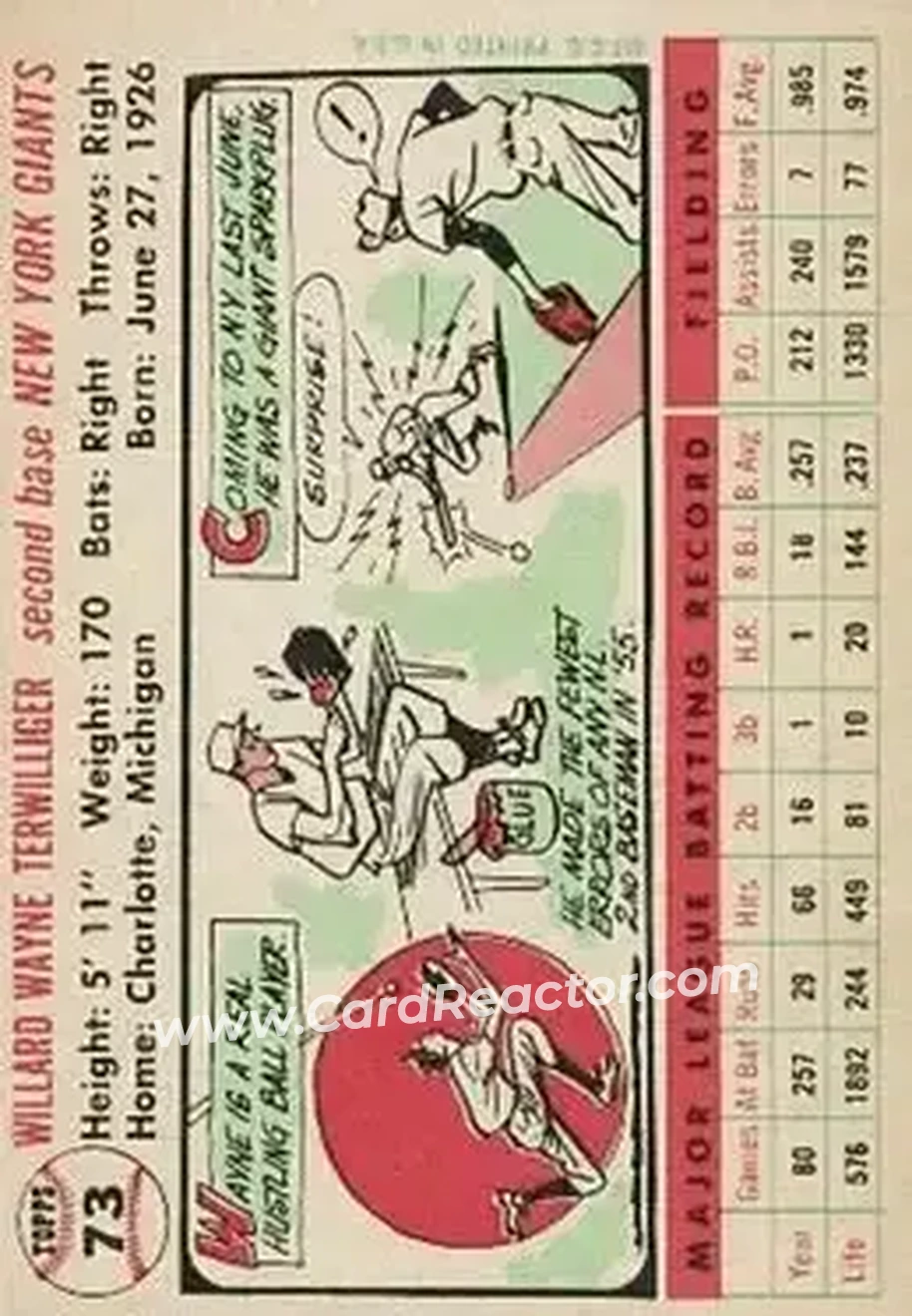 1956 Topps #73 - Wayne Terwilliger - New York Giants - Back