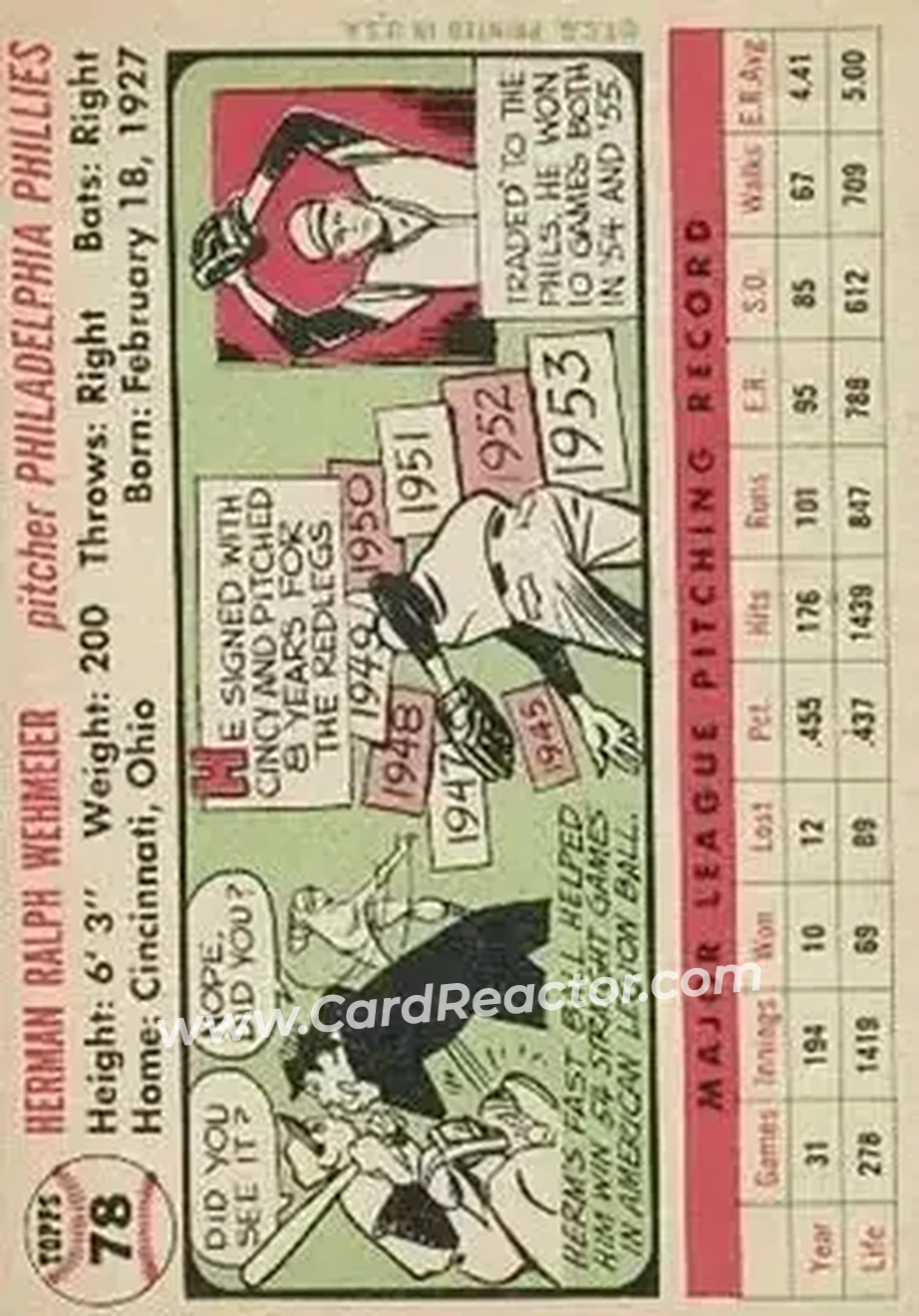 1956 Topps #78 - Herman Wehmeier - Philadelphia Phillies - Back 1956 Topps #78 - Herman Wehmeier - Philadelphia Phillies - Back