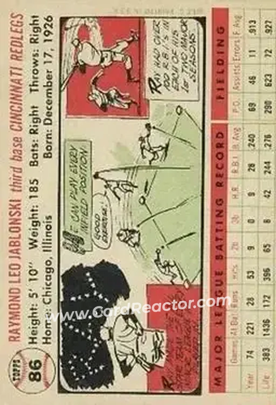 1956 Topps #86 - Ray Jablonski - Cincinnati Redlegs - Back