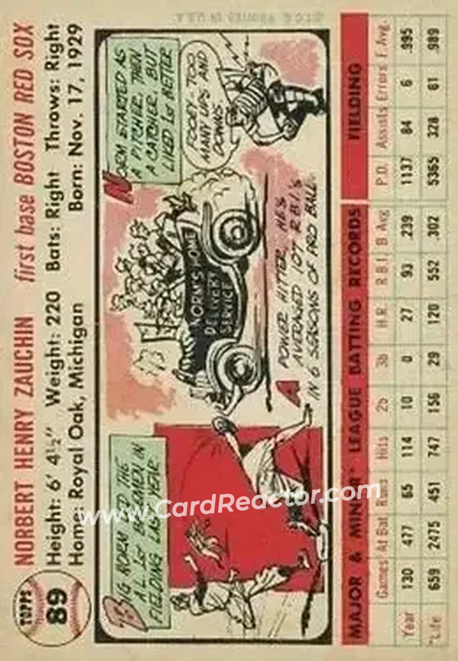 1956 Topps #89 - Norm Zauchin - Boston Red Sox - Back