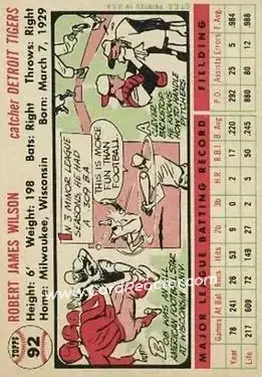 1956 Topps #92 - Bob Wilson - Detroit Tigers - Back