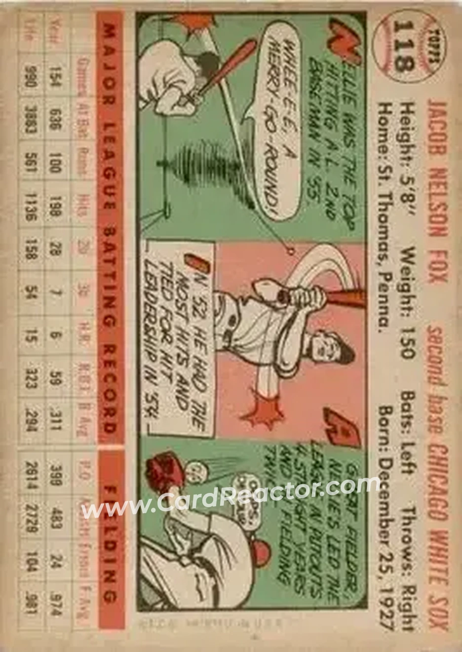 1956 Topps #118 - Nelson Fox - Chicago White Sox - Back