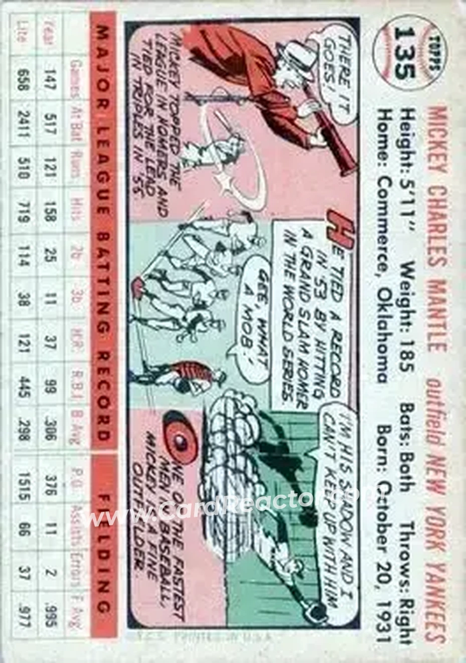 1956 Topps #135 - Mickey Mantle - New York Yankees - Back