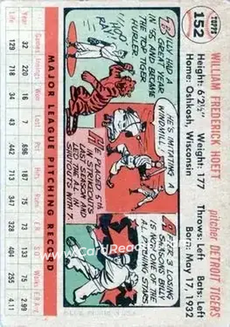 1956 Topps #152 - Billy Hoeft - Detroit Tigers - Back