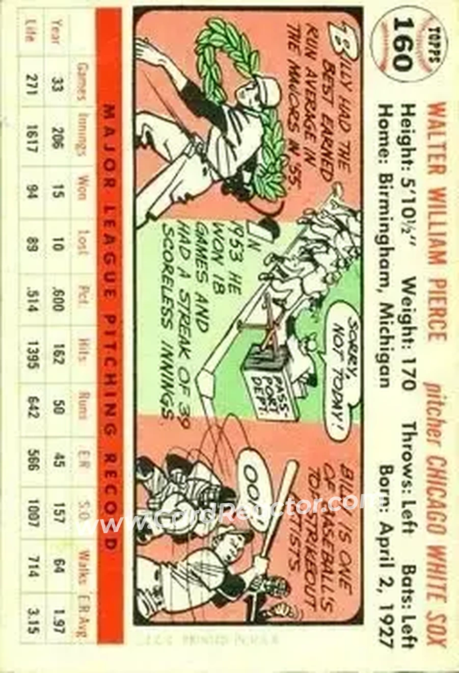 1956 Topps #160 - Bill Pierce - Chicago White Sox - Back 1956 Topps #160 - Bill Pierce - Chicago White Sox - Back