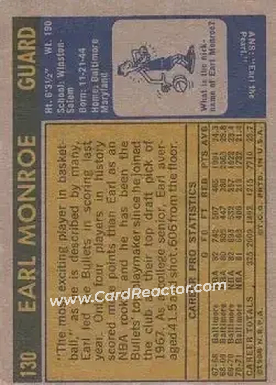 1971-72 Topps #130 - Earl Monroe - Baltimore Bullets - Back 1971-72 Topps #130 - Earl Monroe - Baltimore Bullets - Back