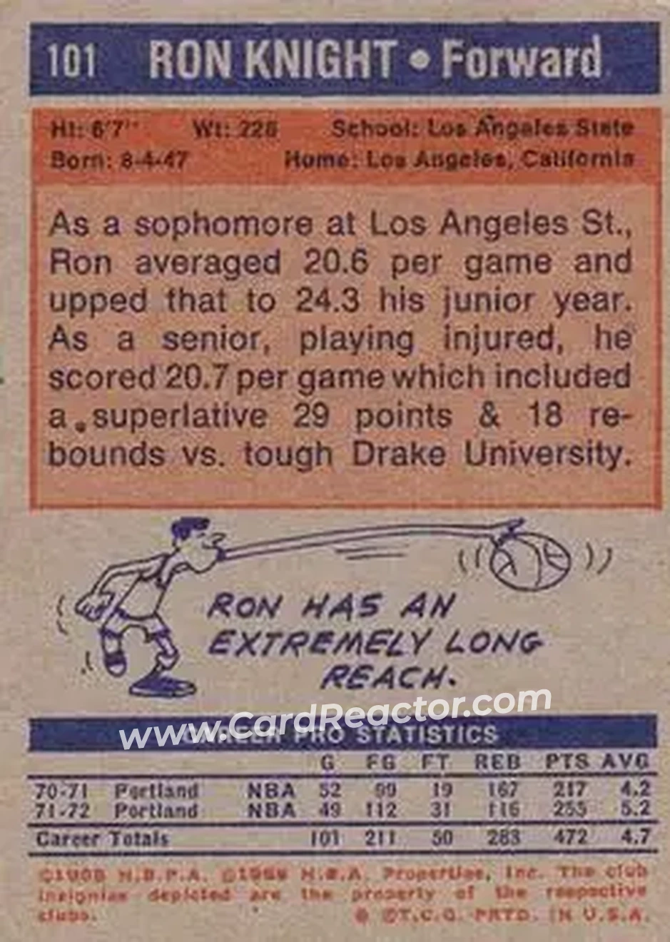 1972-73 Topps #101 - Ron Knight - Portland Trail Blazers - Back
