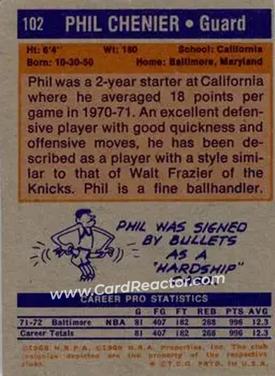1972-73 Topps #102 - Phil Chenier - Baltimore Bullets - Back