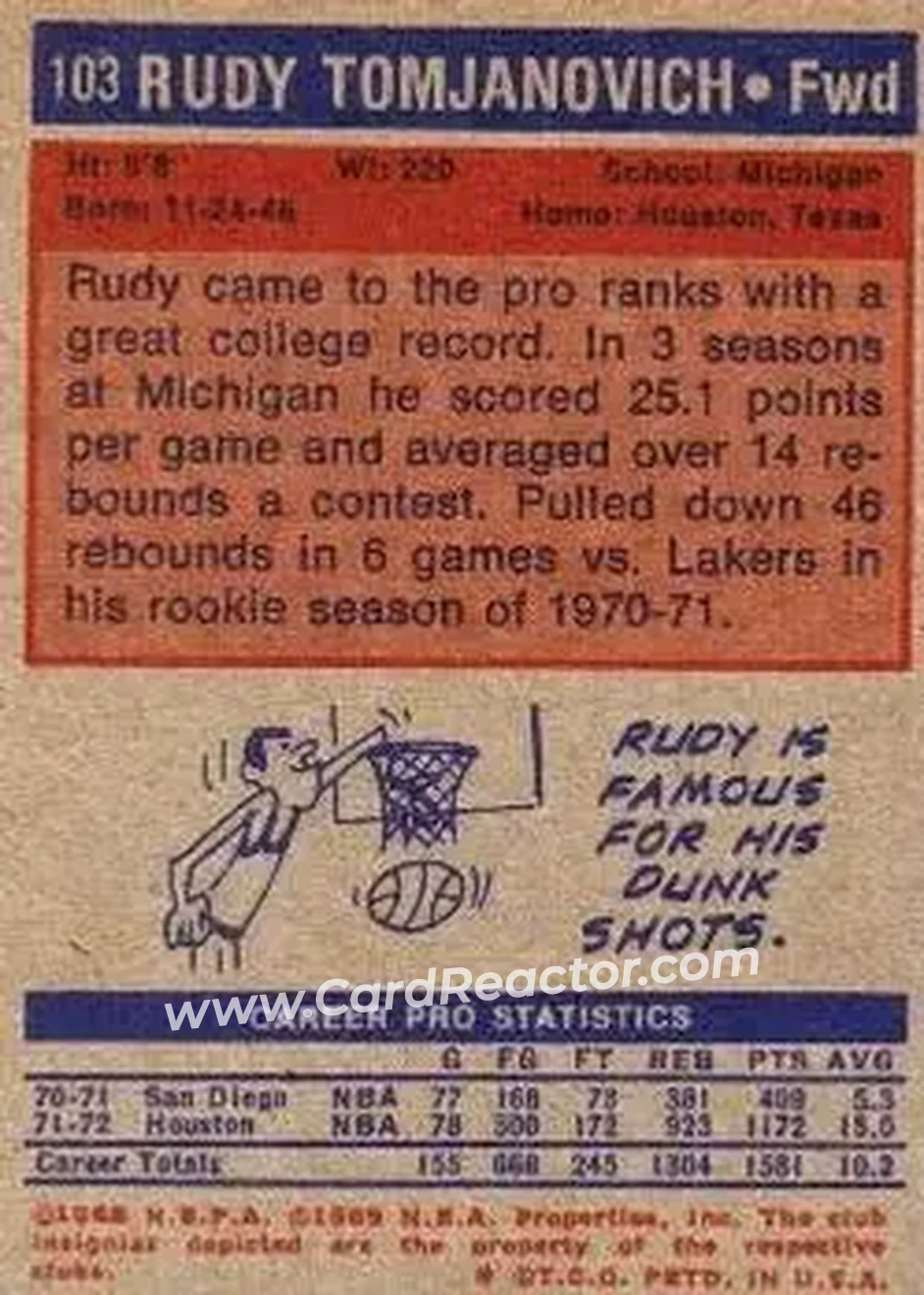 1972-73 Topps #103 - Rudy Tomjanovich - Houston Rockets - Back