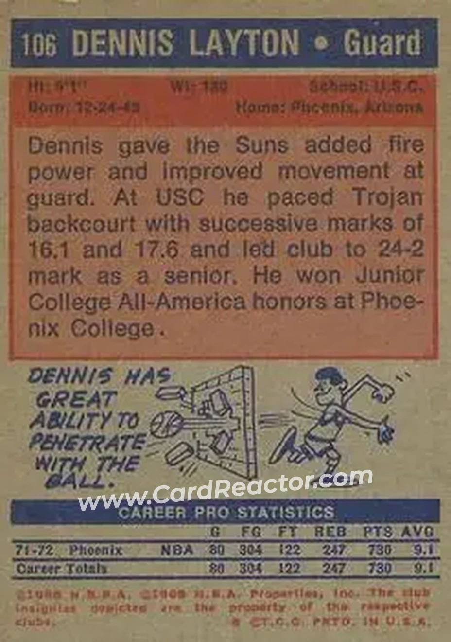 1972-73 Topps #106 - Dennis Layton - Phoenix Suns - Back
