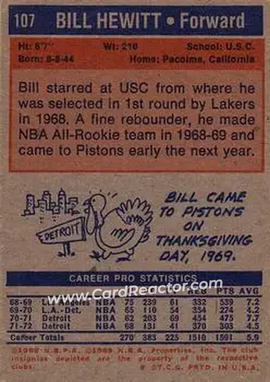 1972-73 Topps #107 - Bill Hewitt - Detroit Pistons - Back