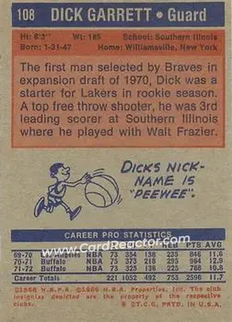 1972-73 Topps #108 - Dick Garrett - Buffalo Braves - Back