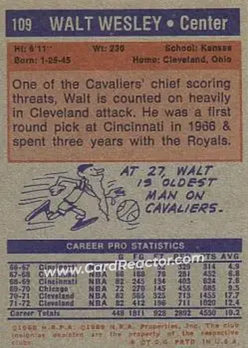 1972-73 Topps #109 - Walt Wesley - Cleveland Cavaliers - Back