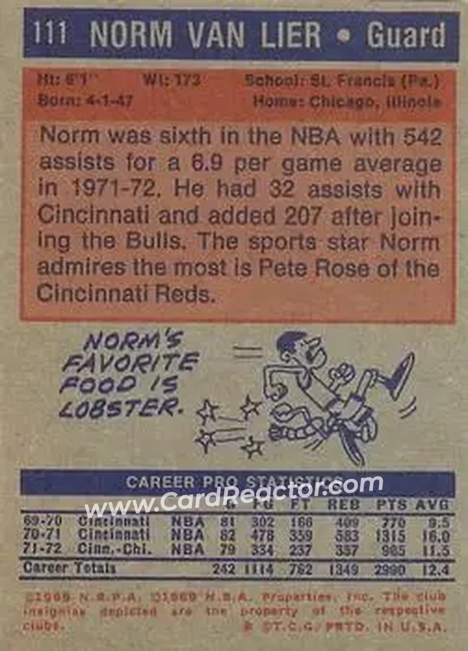 1972-73 Topps #111 - Norm Van Lier - Chicago Bulls - Back