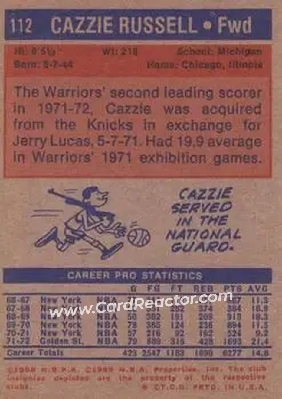 1972-73 Topps #112 - Cazzie Russell - Golden State Warriors - Back