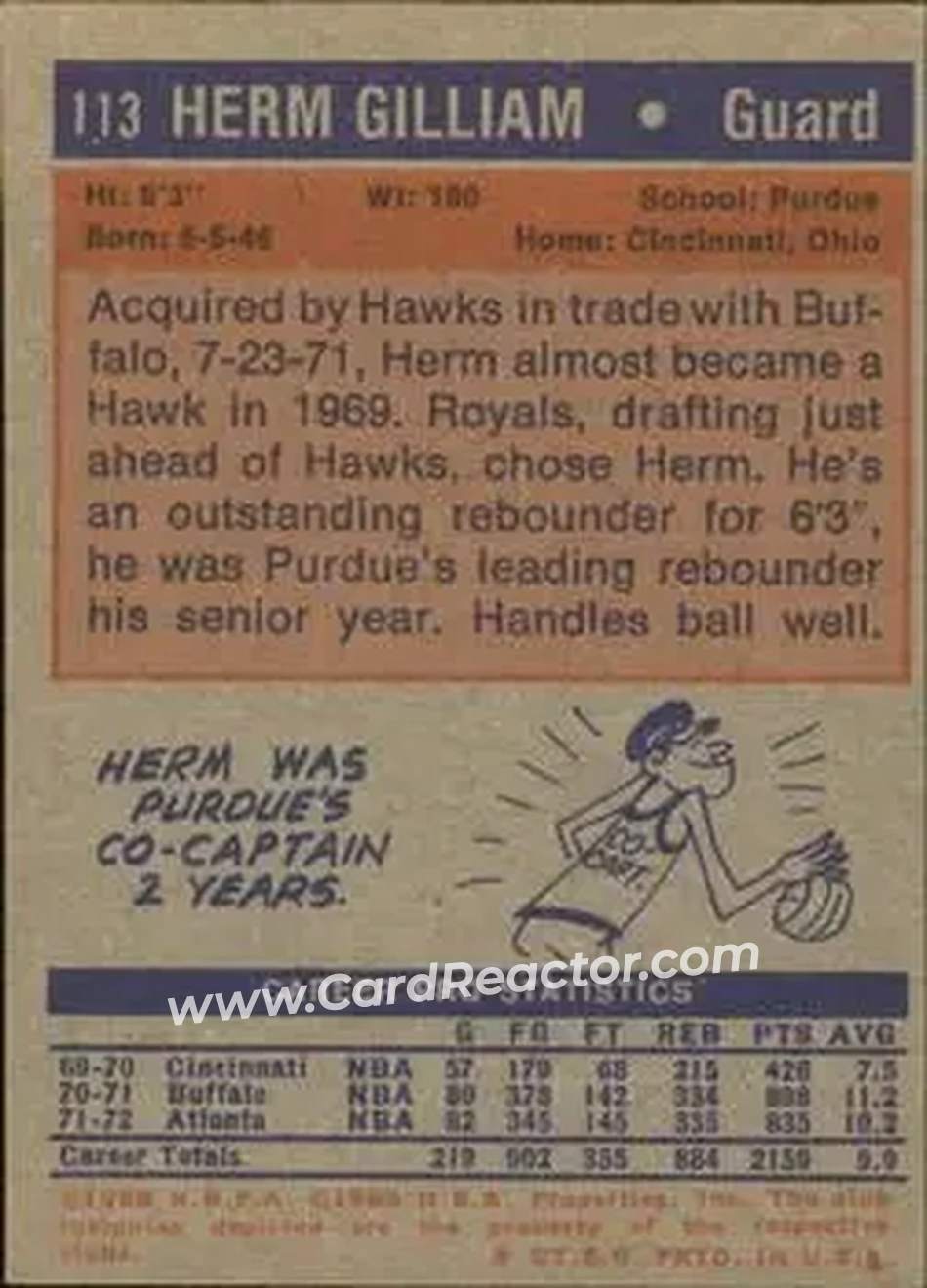 1972-73 Topps #113 - Herm Gilliam - Atlanta Hawks - Back