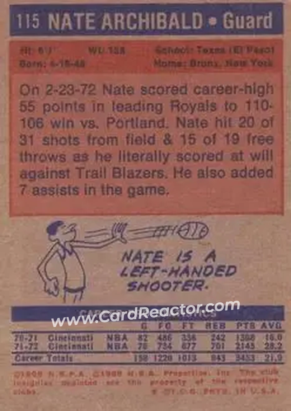 1972-73 Topps #115 - Nate Archibald - Kansas City-Omaha Kings - Back