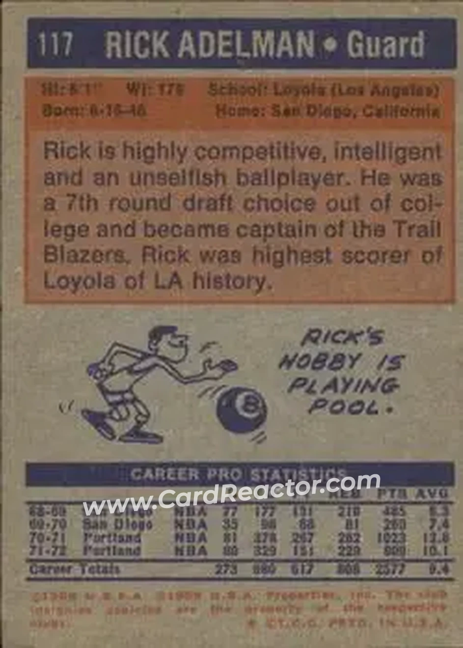 1972-73 Topps #117 - Rick Adelman - Portland Trail Blazers - Back