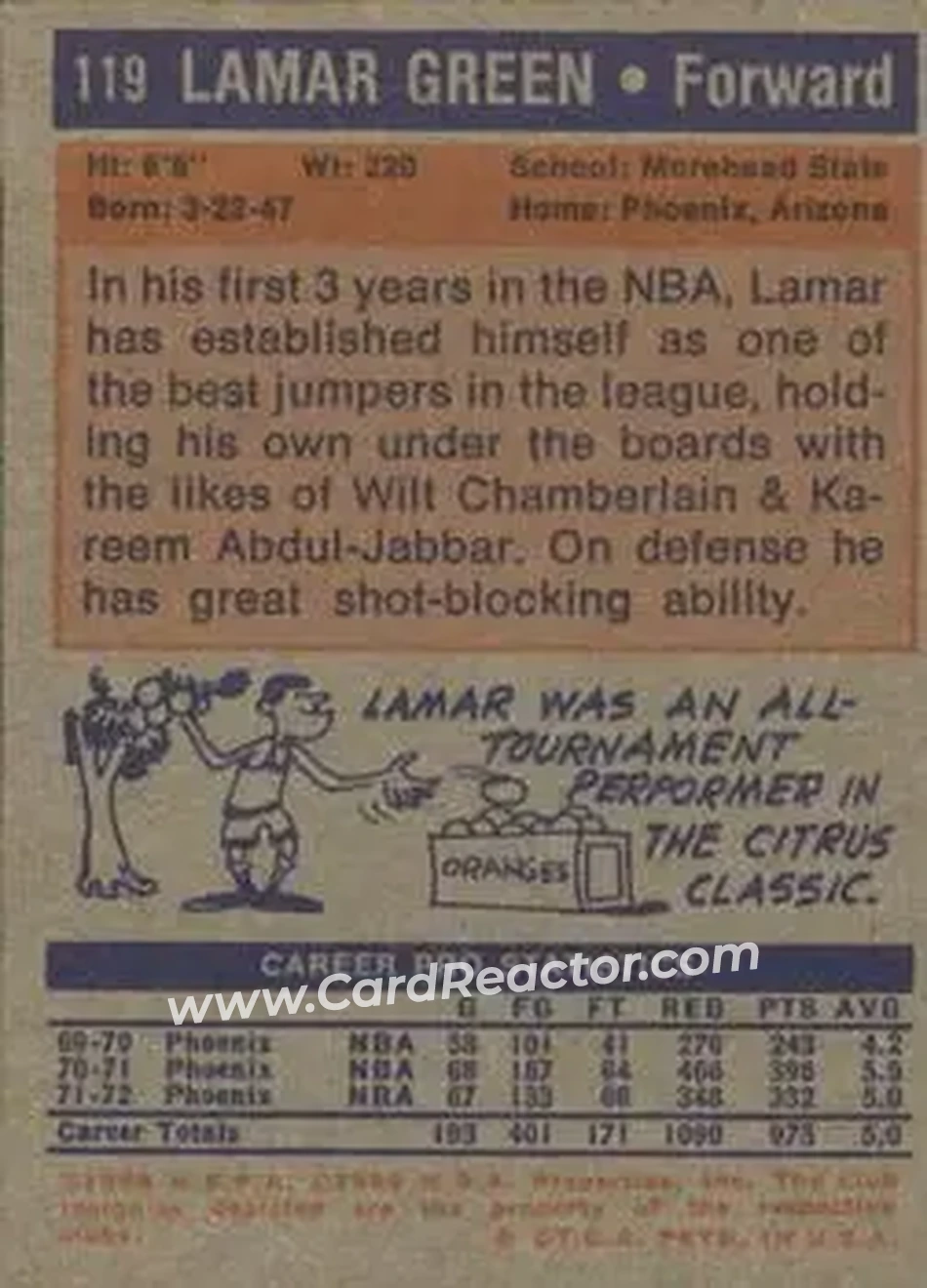 1972-73 Topps #119 - Lamar Green - Phoenix Suns - Back