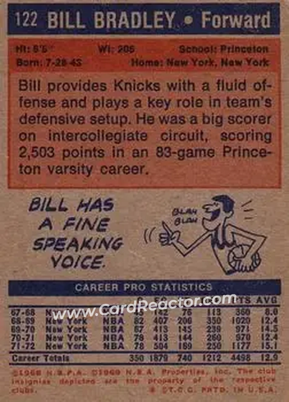 1972-73 Topps #122 - Bill Bradley - New York Knicks - Back