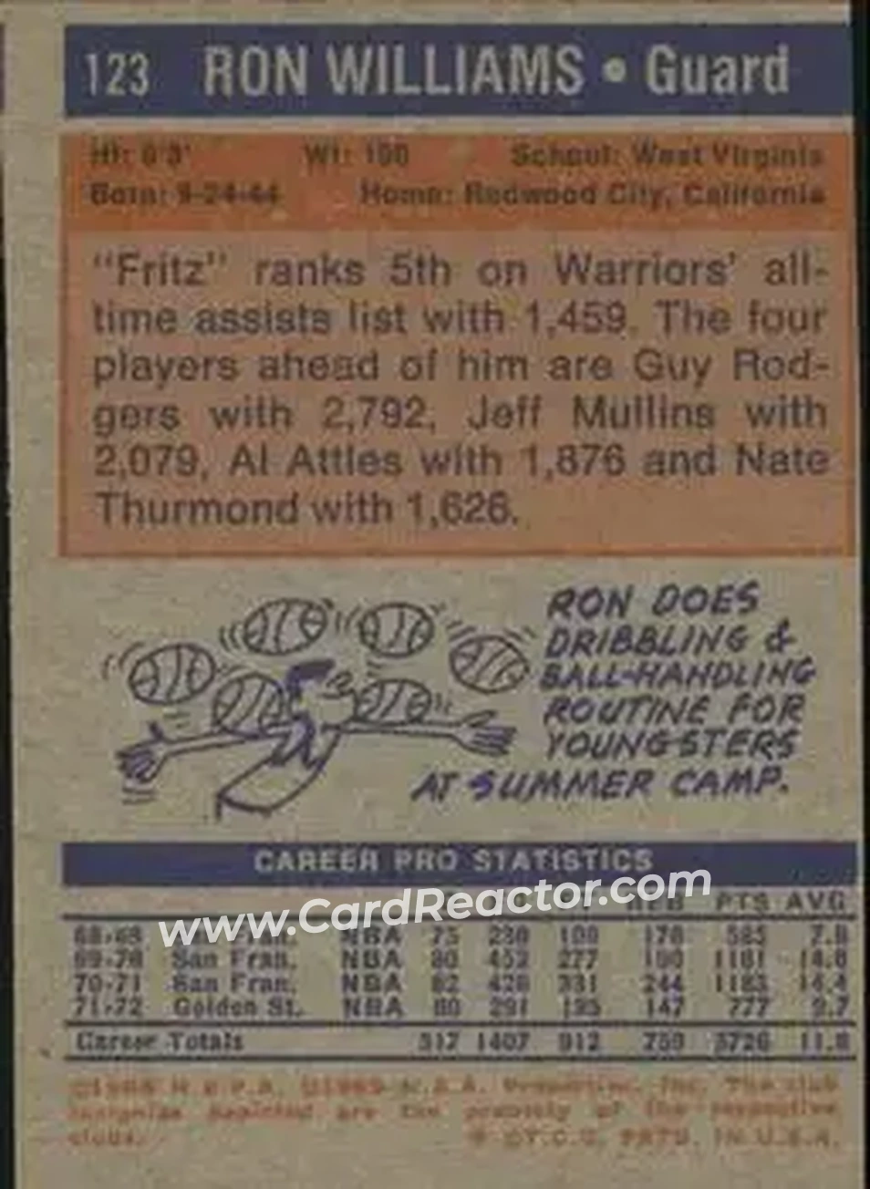 1972-73 Topps #123 - Ron Williams - Golden State Warriors - Back