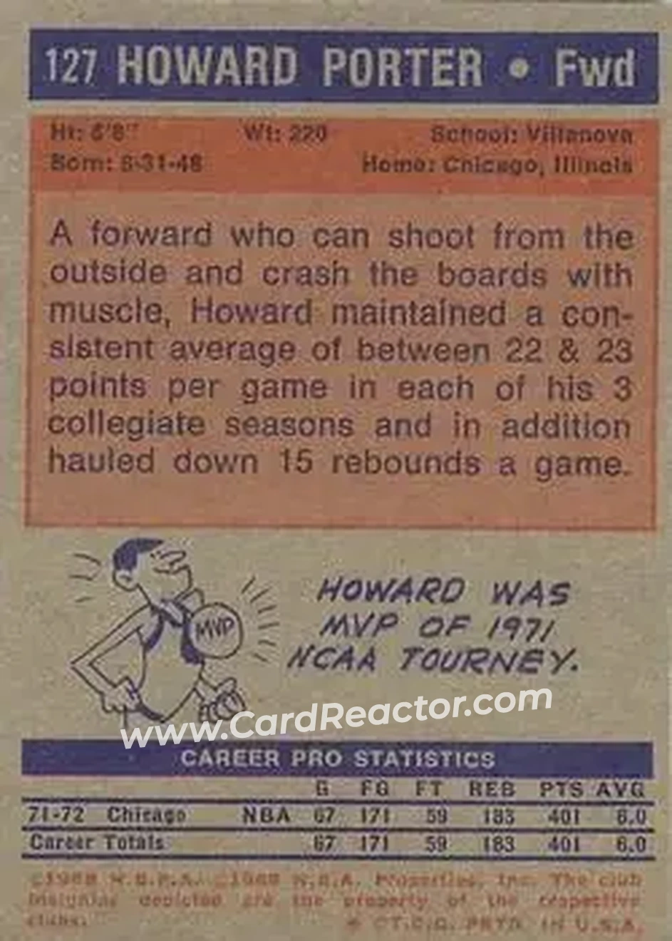 1972-73 Topps #127 - Howard Porter - Chicago Bulls - Back