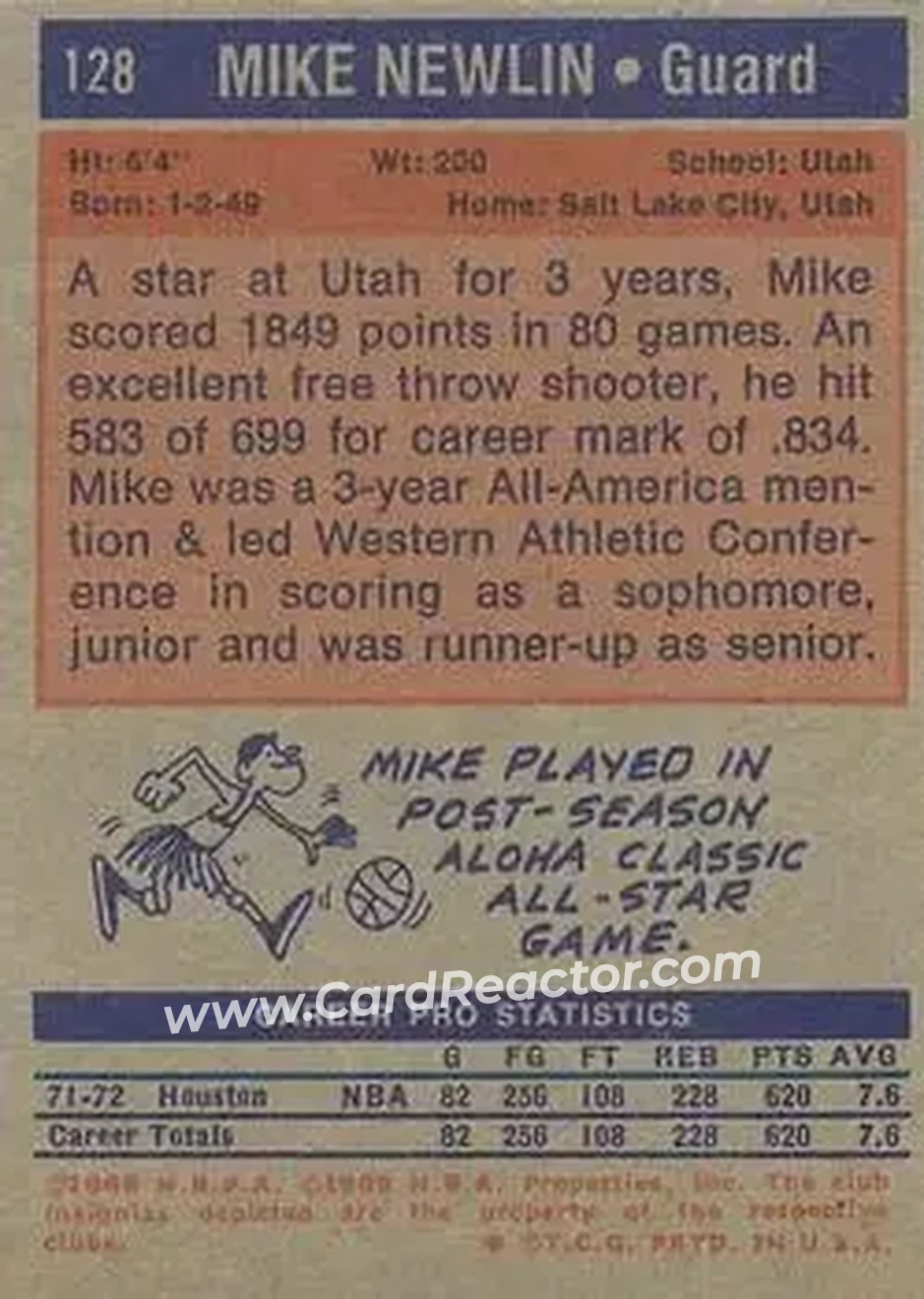 1972-73 Topps #128 - Mike Newlin - Houston Rockets - Back