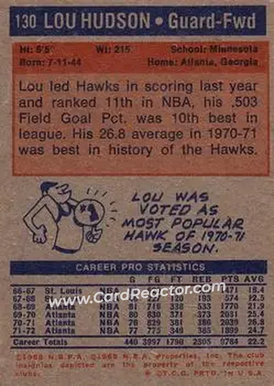 1972-73 Topps #130 - Lou Hudson - Atlanta Hawks - Back