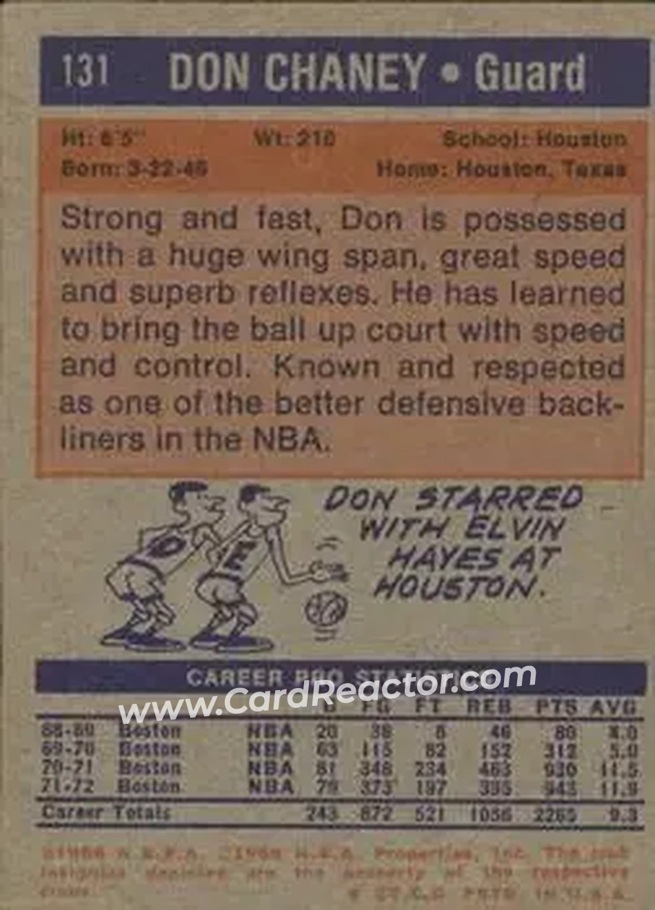 1972-73 Topps #131 - Don Chaney - Boston Celtics - Back