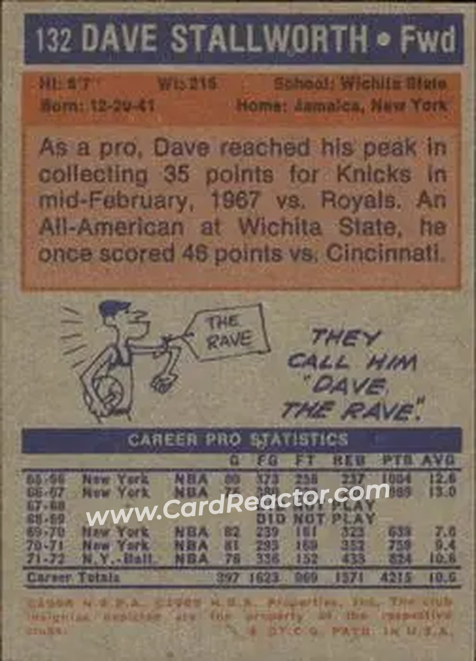 1972-73 Topps #132 - Dave Stallworth - Baltimore Bullets - Back
