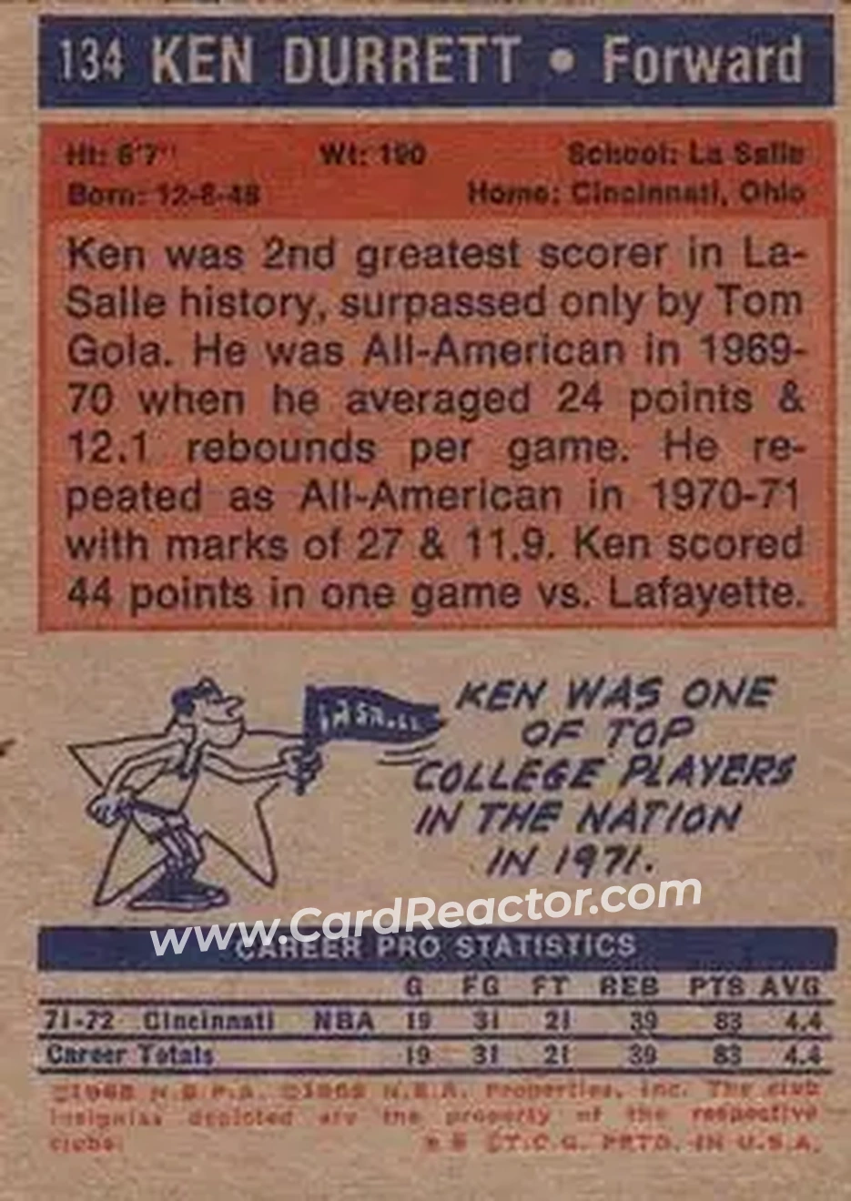 1972-73 Topps #134 - Ken Durrett - Kansas City-Omaha Kings - Back