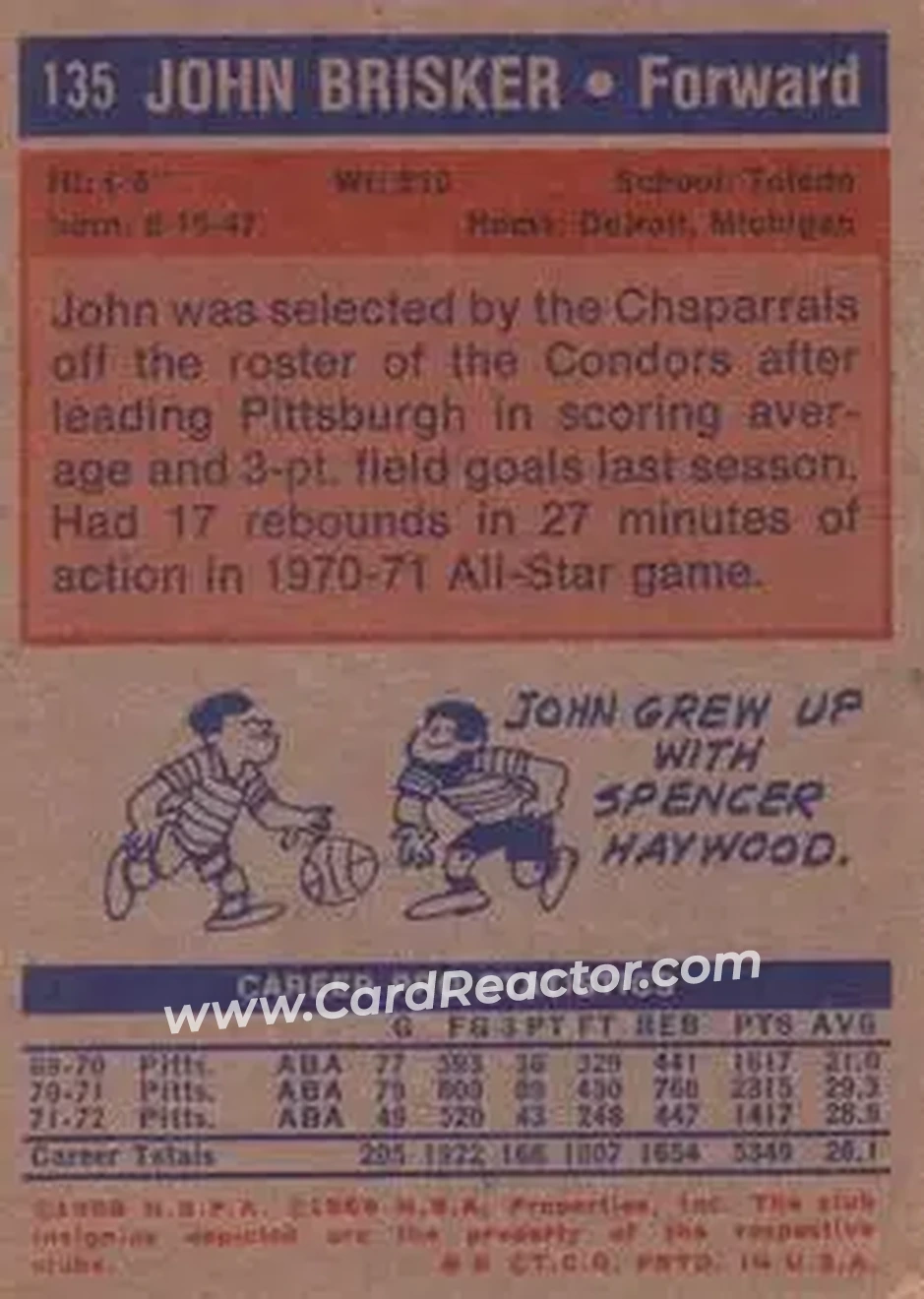 1972-73 Topps #135 - John Brisker - Seattle SuperSonics - Back
