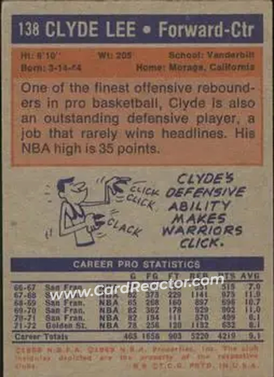 1972-73 Topps #138 - Clyde Lee - Golden State Warriors - Back