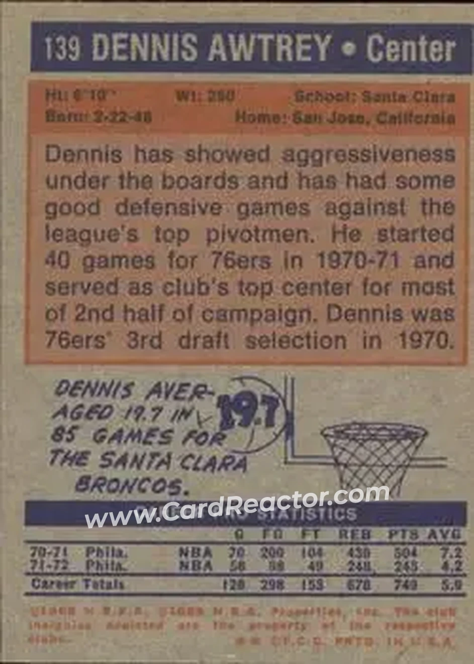 1972-73 Topps #139 - Dennis Awtrey - Philadelphia 76ers - Back