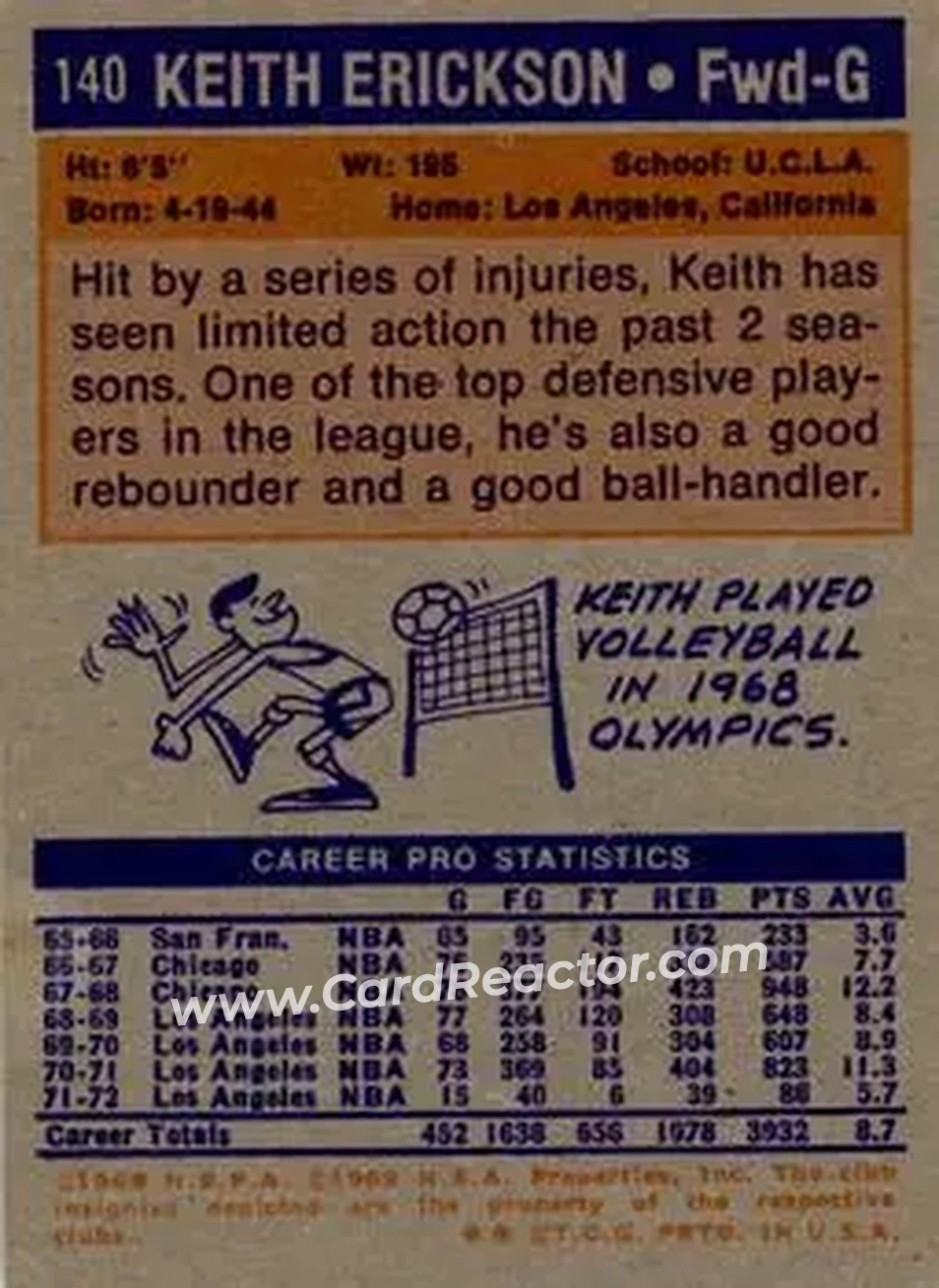 1972-73 Topps #140 - Keith Erickson - Los Angeles Lakers - Back 1972-73 Topps #140 - Keith Erickson - Los Angeles Lakers - Back