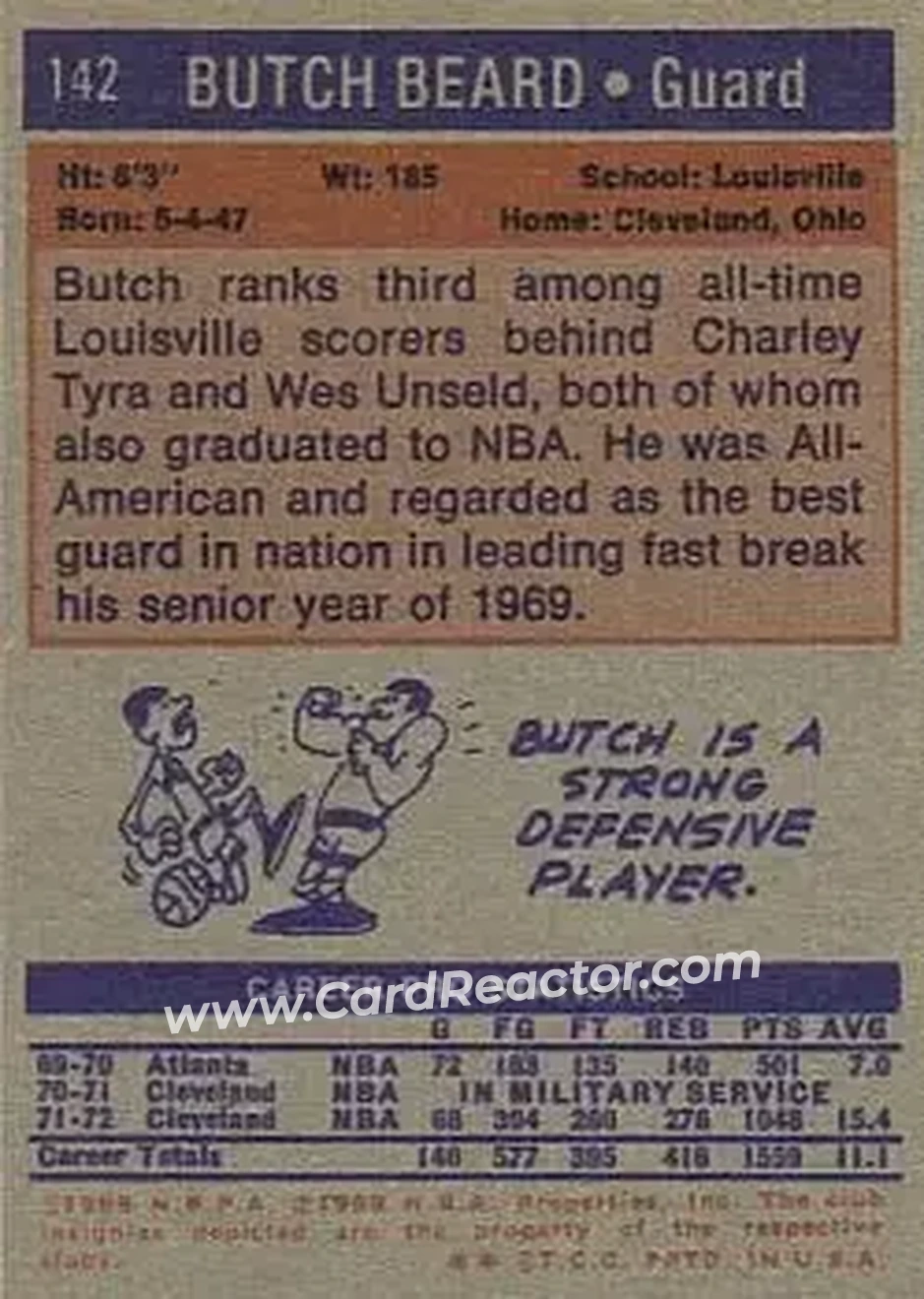 1972-73 Topps #142 - Butch Beard - Cleveland Cavaliers - Back