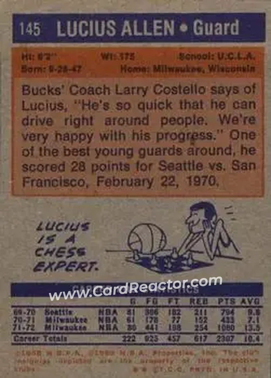 1972-73 Topps #145 - Lucius Allen - Milwaukee Bucks - Back